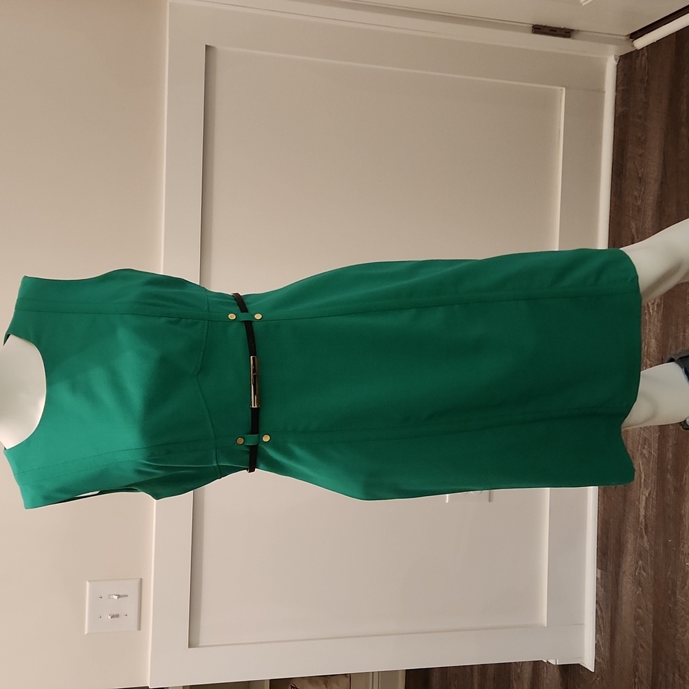 Calvin Klein green sleeveless dress with black and gold belt